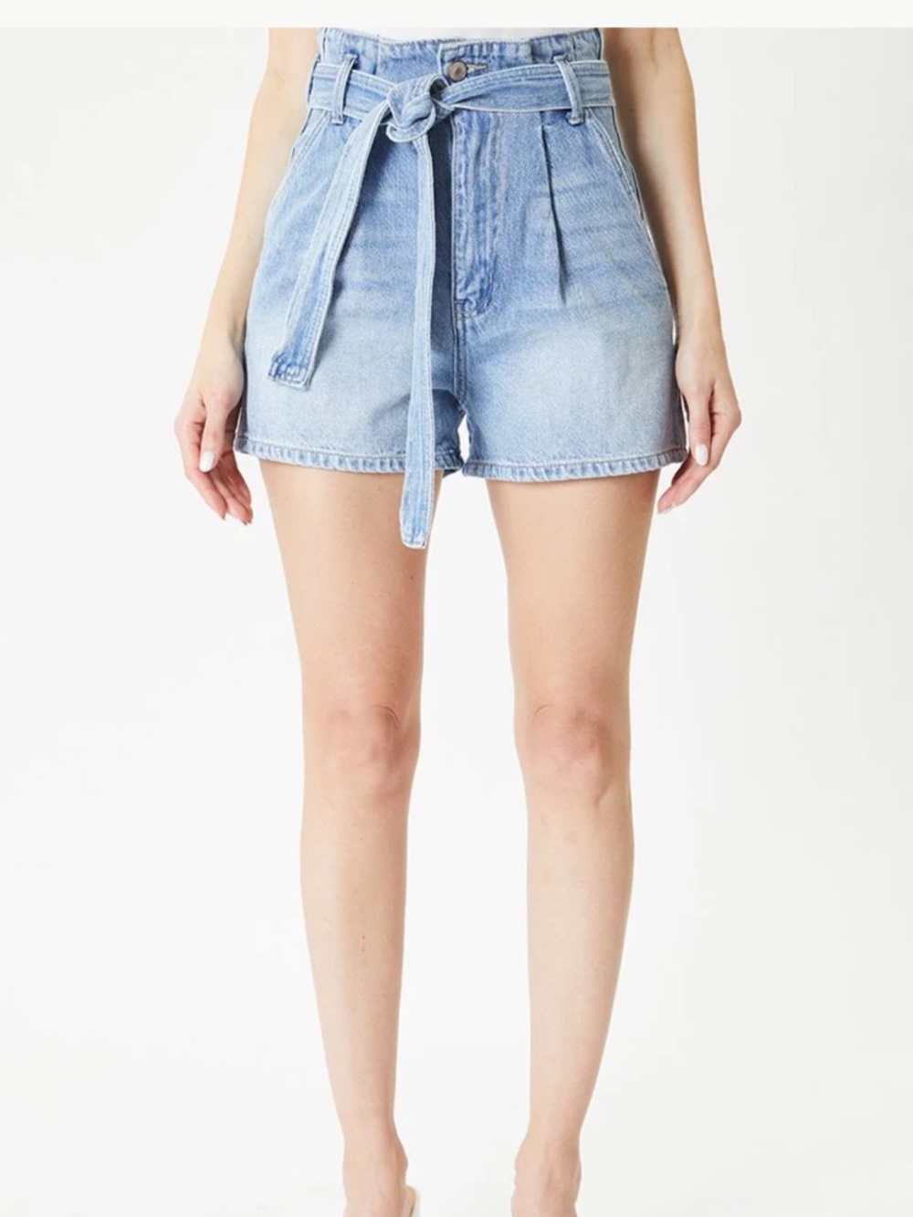 KanCan Light Blue Paperbag Waist Denim Shorts with Tie Medium